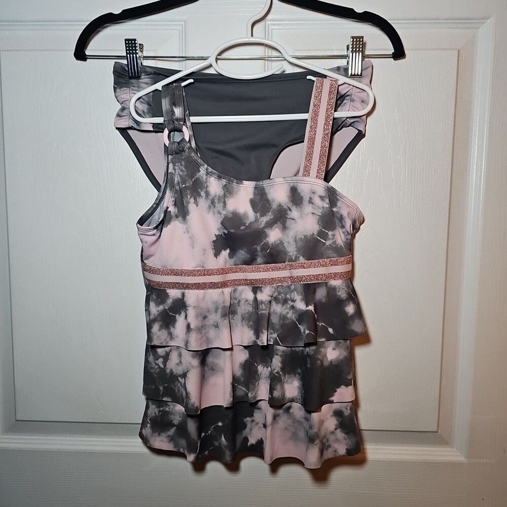 Justice Girls Pink Gray 2 Piece Bathing Suit Tankini 14